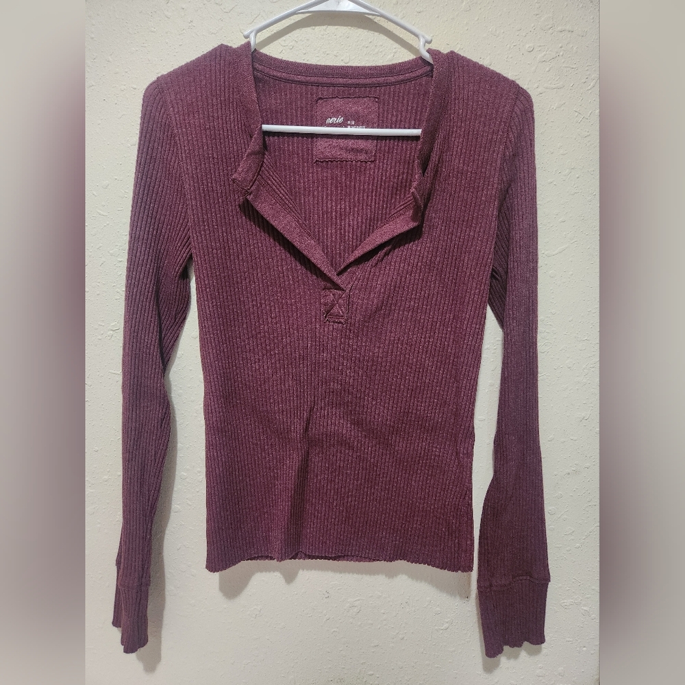Aerie Red Ribbed Long Sleeve Polo Top